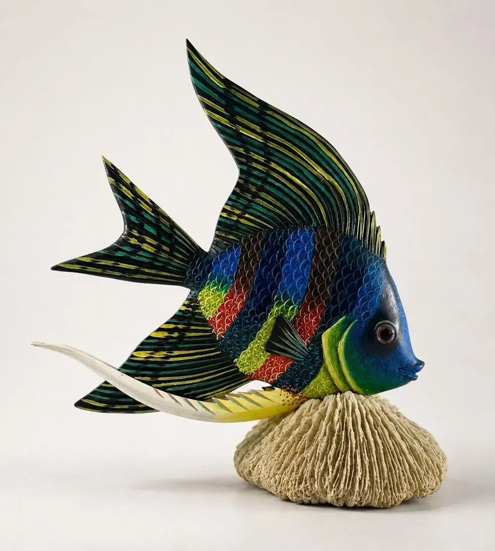 Vintage Nature Crafts Hand Painted Wood Angelfish Sculpture Coral Base 9”